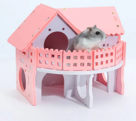 Maison de hamster à 2 étages avec escalier Belle animal de compagnie Rose Château Cachette Souris Rat Hamster Cage Nid Maison en bois à deux couches Dormir Exercice Jouer Jouet Wbb17424
