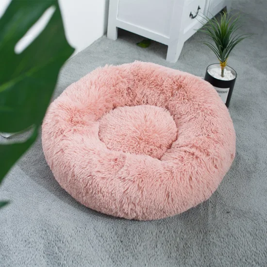 Rena Pet Hot Sale Luxury Decompression Warm Cosy Donut Round Long PV Plush Dog Cat Bed